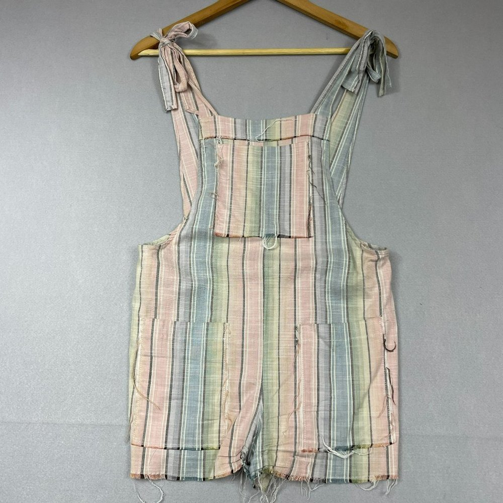 Show Me Your Mumu Striped Nadia Overalls Size S Pastel Rainbow Raw Hem Romper
